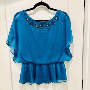 J R NITES by Carollyn royal Blue blouse with Embellished jewelled Neckline
